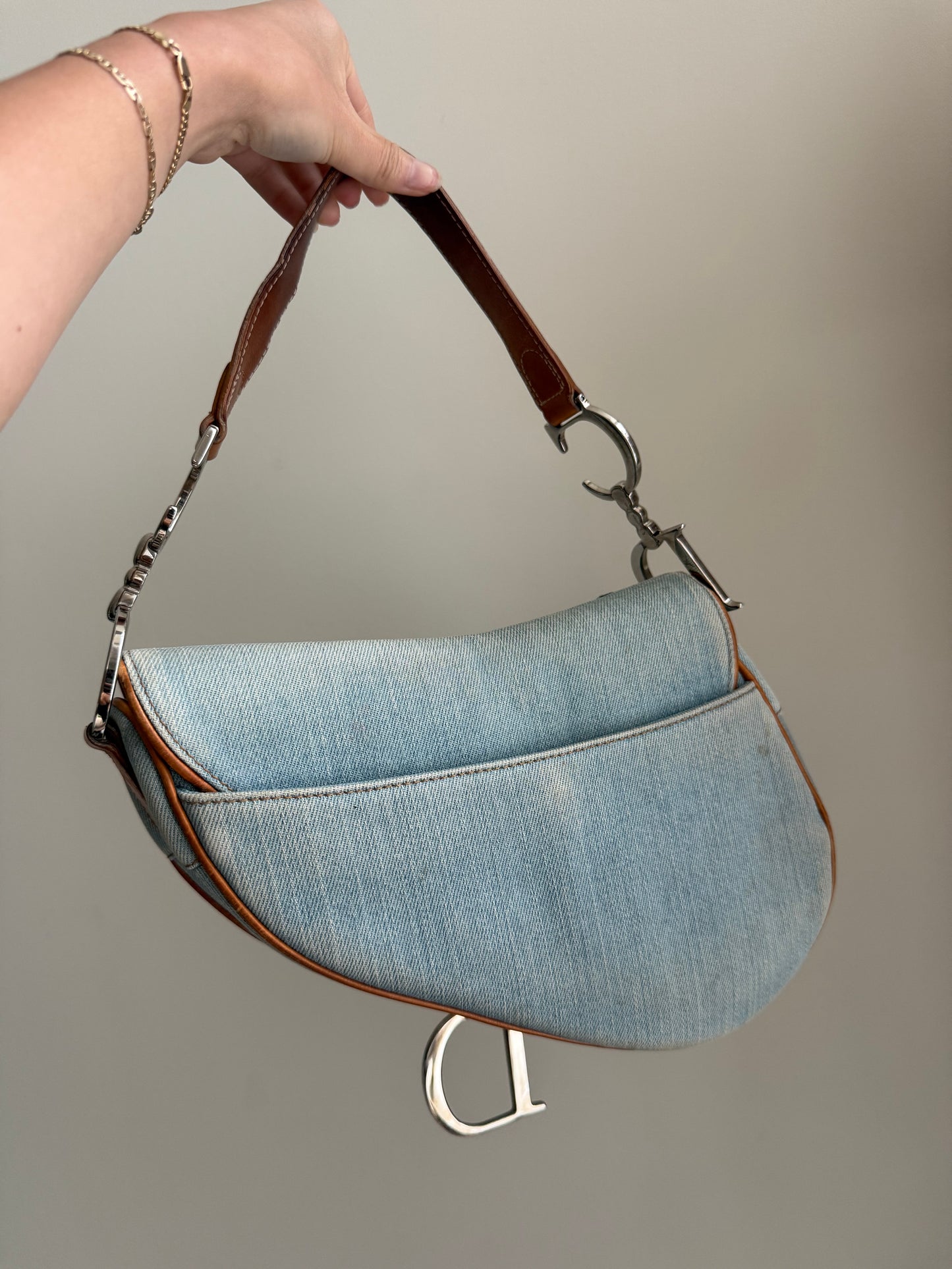 RARE Christian Dior 2005 Denim Floral Embroidered Saddle Bag