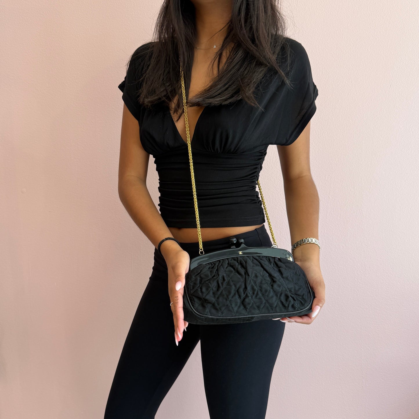 Chanel Black Nylon Quilted Kiss Lock Chain Shoulder Bag GHW