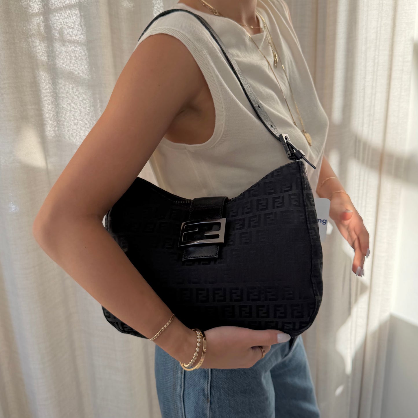 Fendi Black Zucchino Canvas Moon Hobo Bag