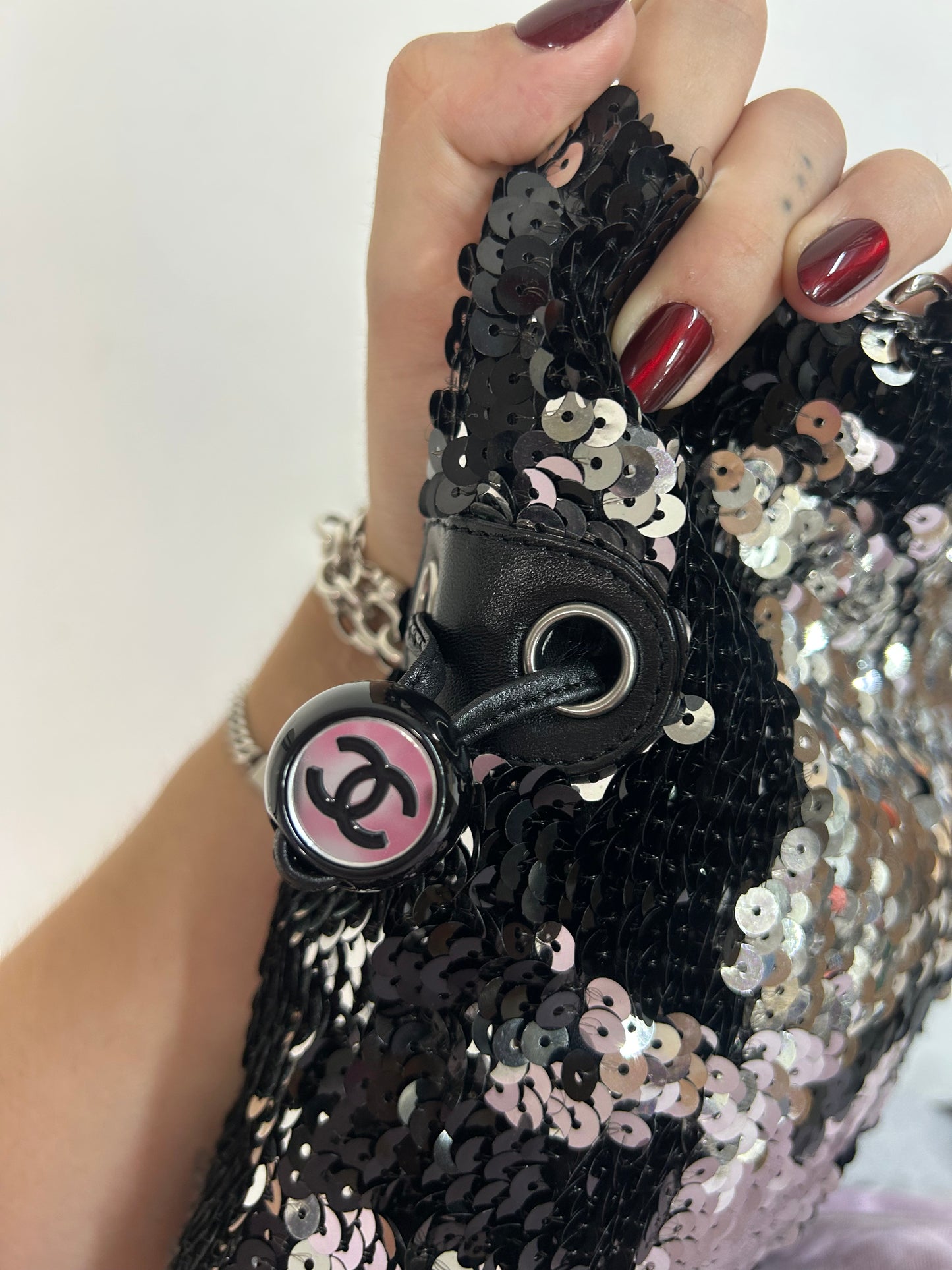 Chanel Black & Silver Sequin Chain Tote Bag