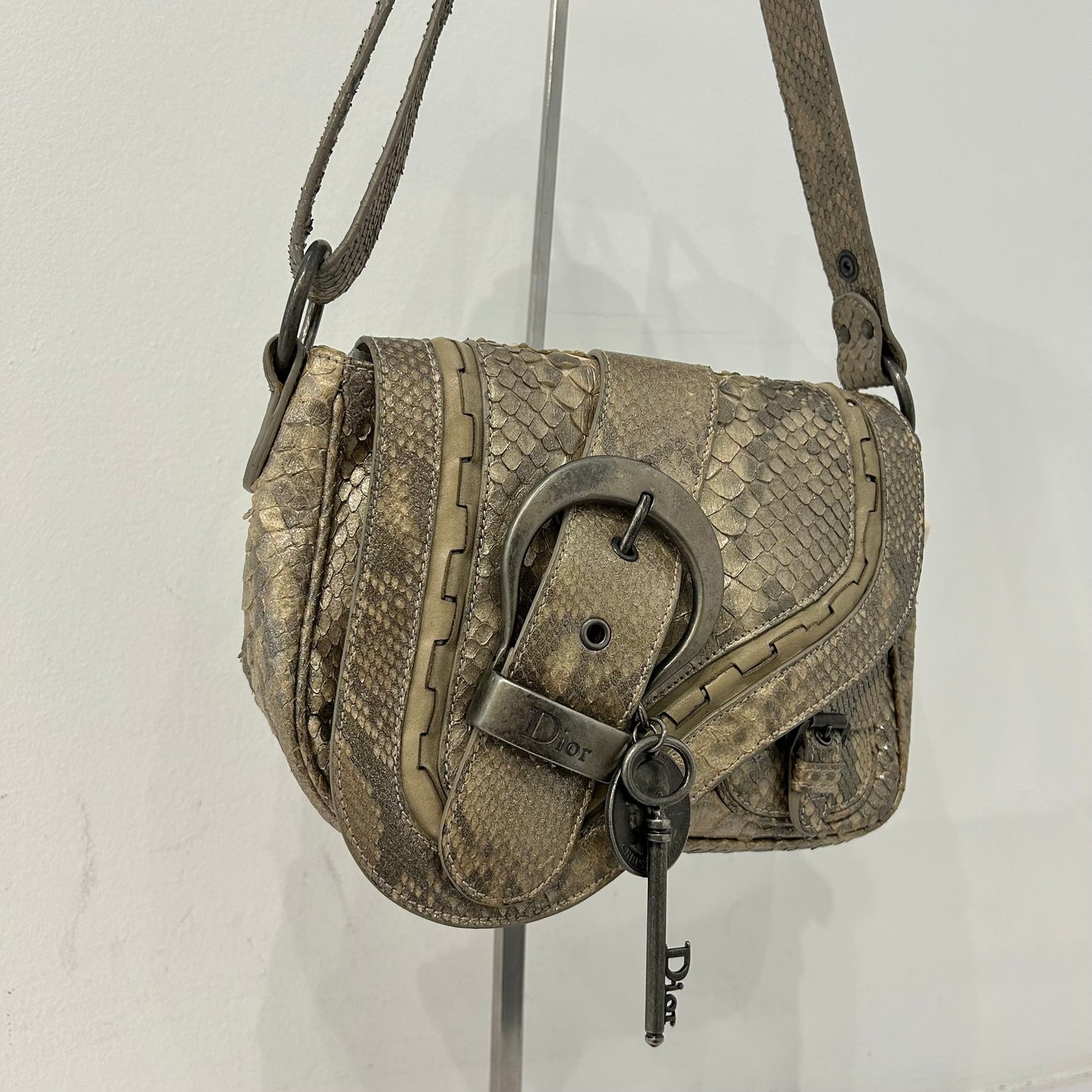 RARE Christian Dior Beige Shimmer Python Leather Mini Gaucho Saddle Bag