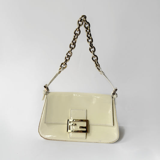Fendi Cream Patent Leather Mini Mama Baguette w/ Chain Strap