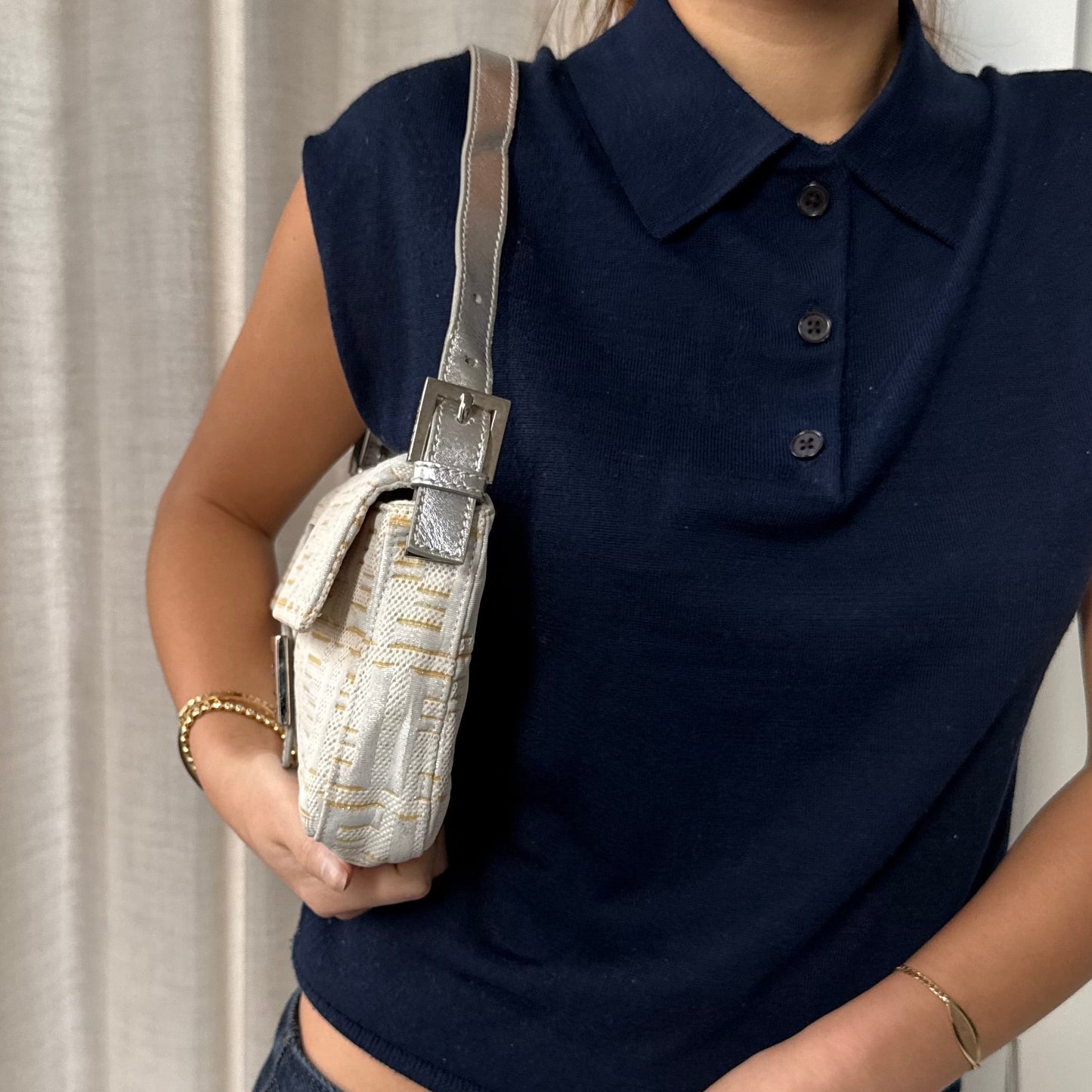 Fendi Cream Metallic Zucca Canvas Baguette Shoulder Bag