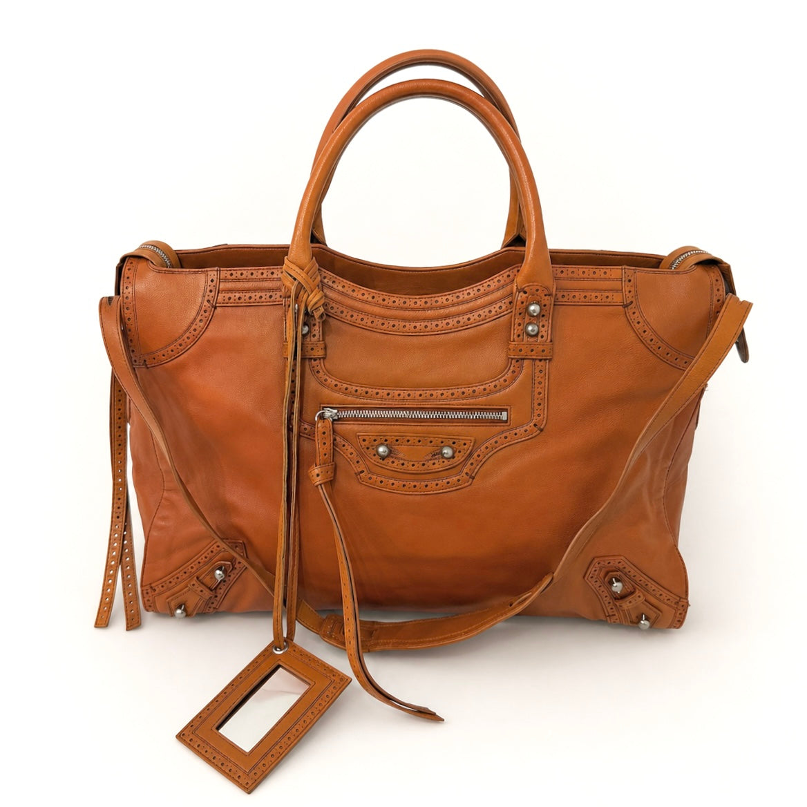 Balenciaga Ltd Edition Congac Lambskin Leather Riva Brogue Trim City Bag