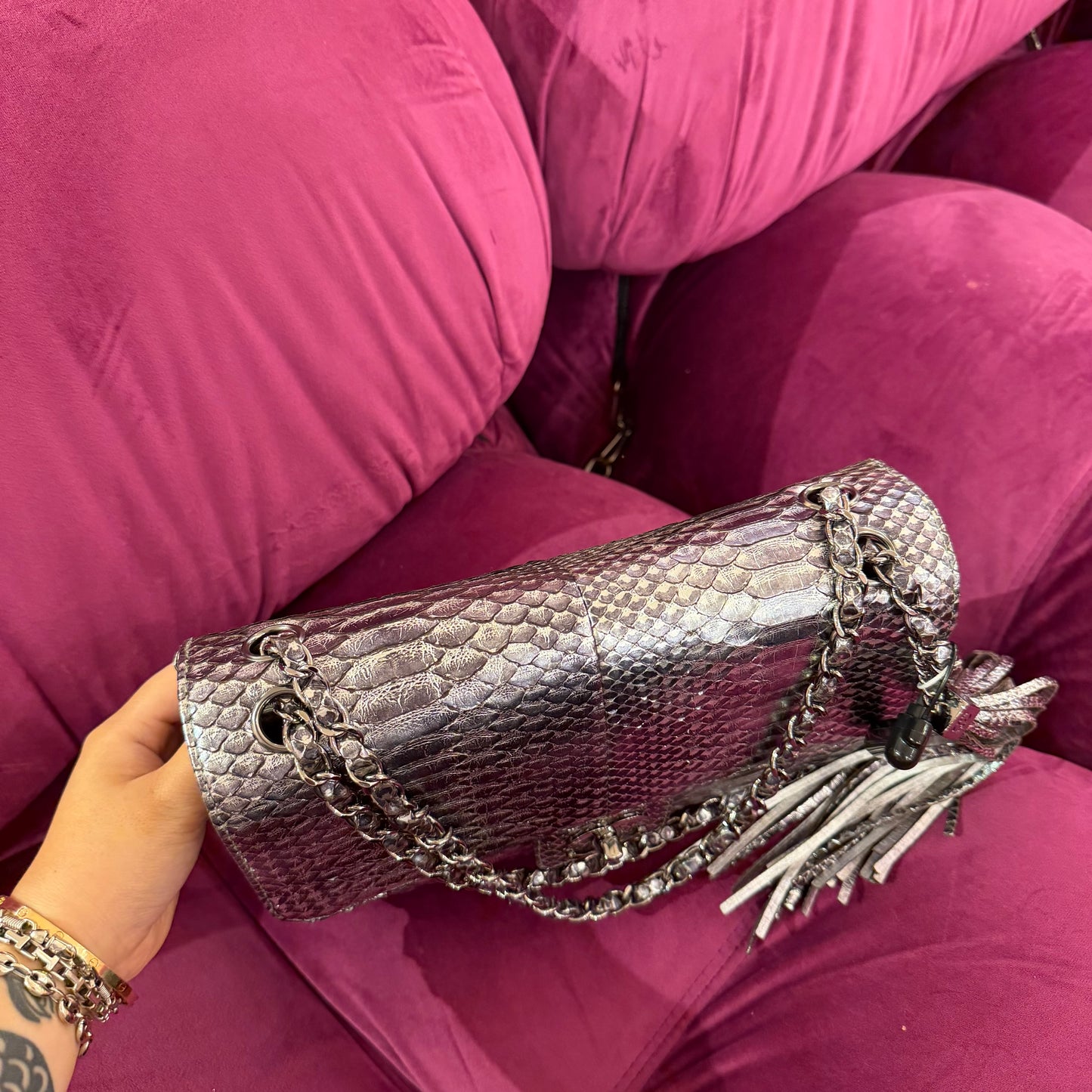 Chanel 2007 Silver Python Soho Tassel Flap Bag