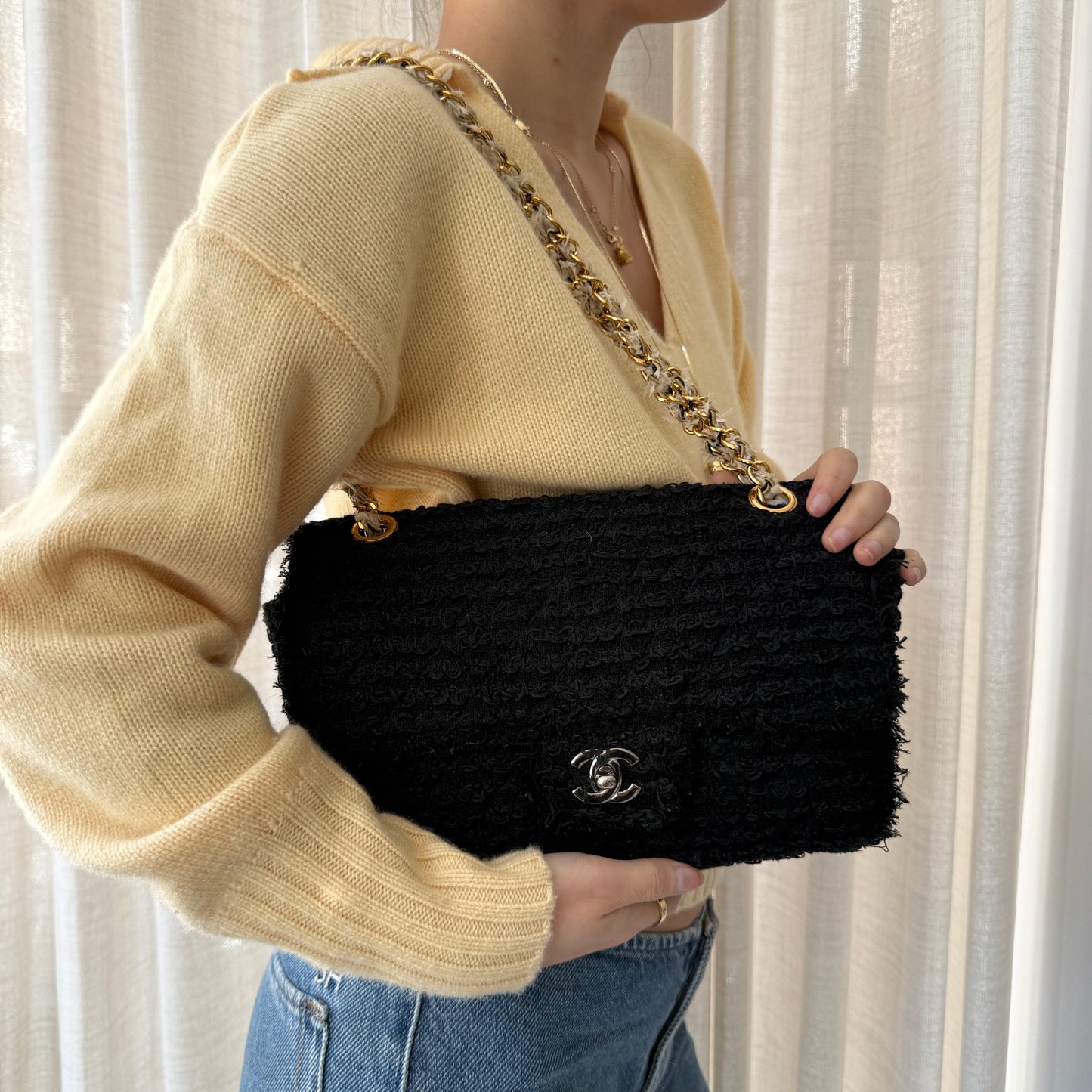 Chanel Black Tweed Matelasse Medium Flap