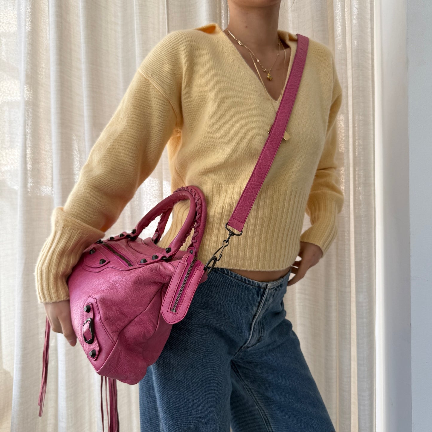Balenciaga Pink Leather Town City Bag w/ Crossbody Strap