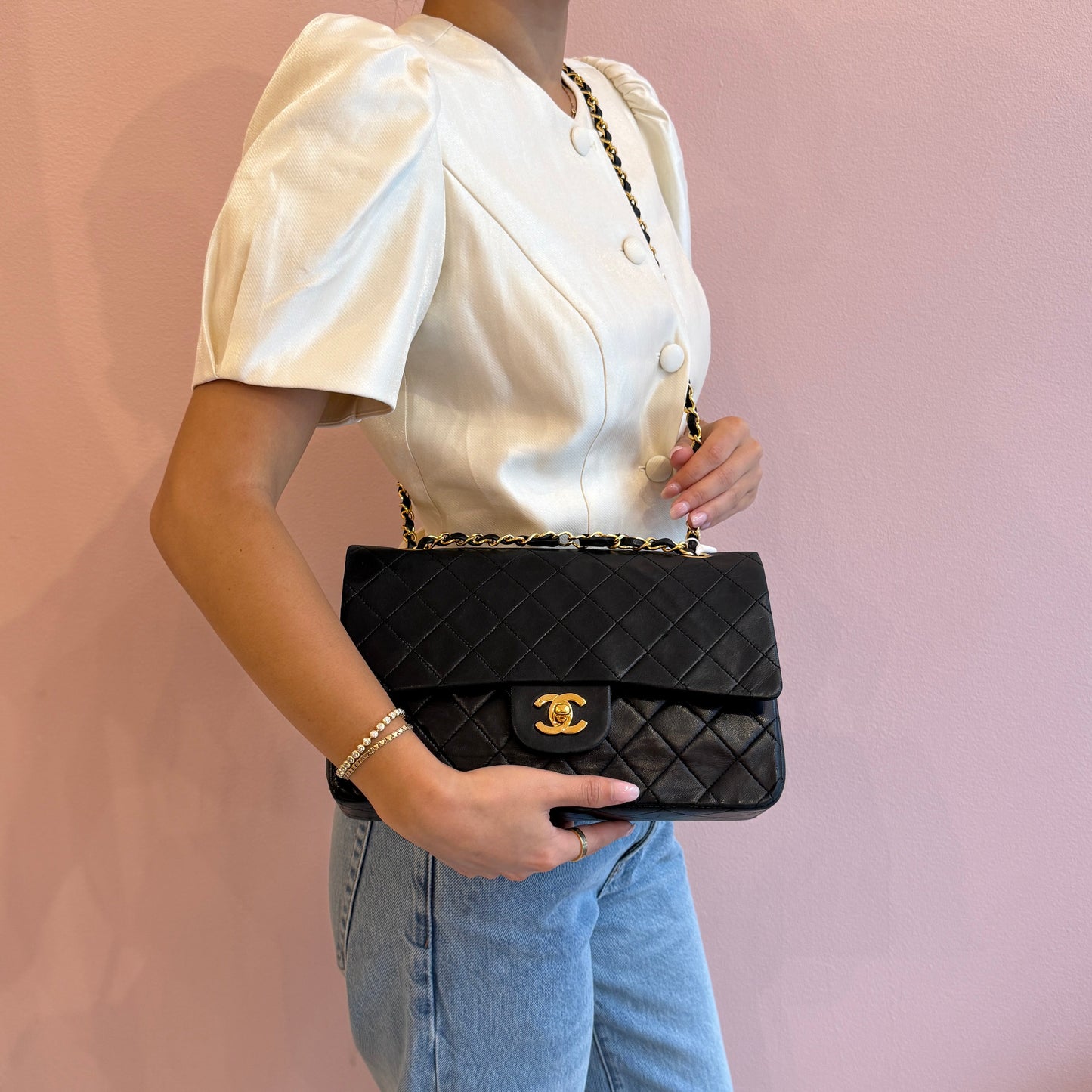 Chanel Vintage Black Lambskin Leather Quilted Matelasse Classic Double Flap