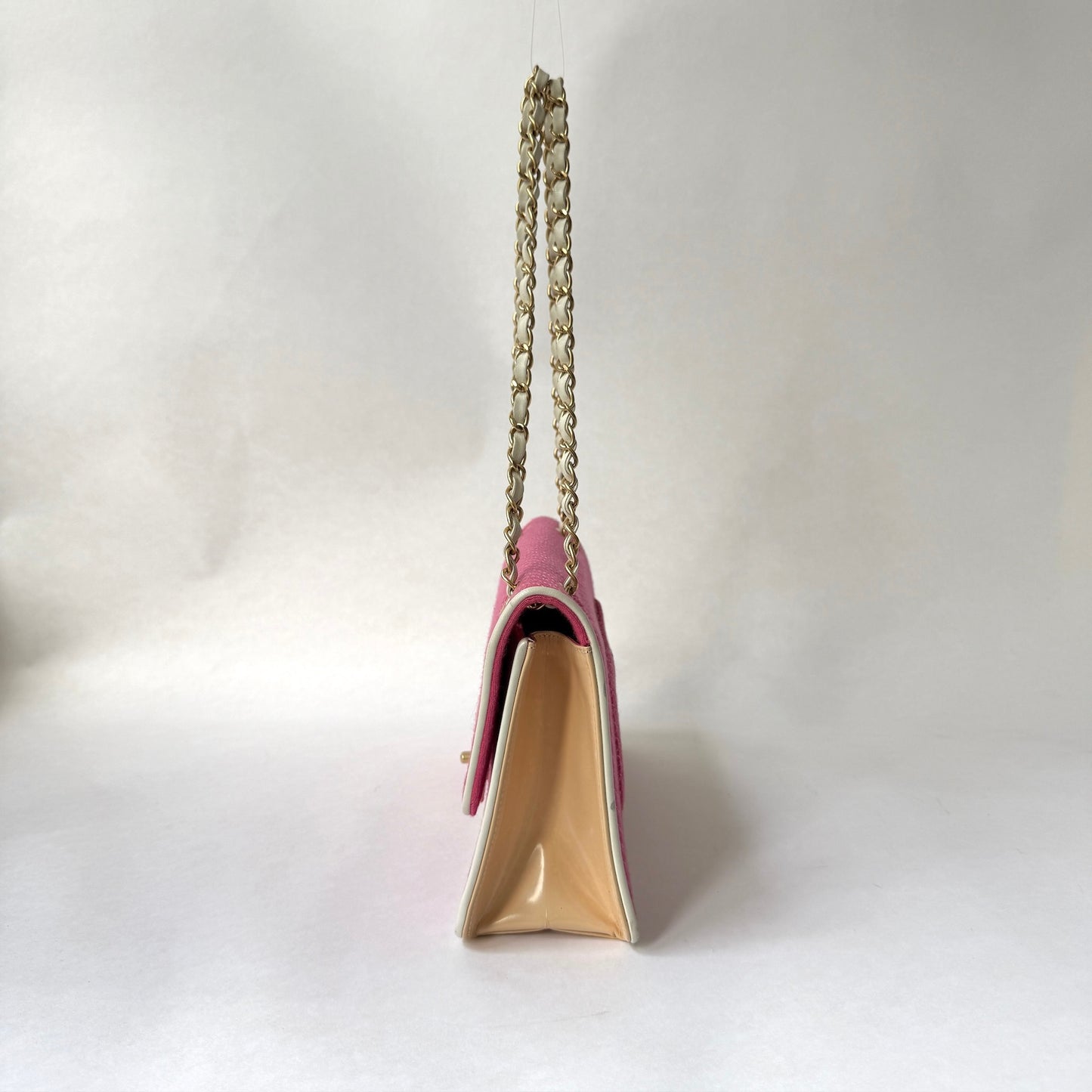 Chanel Pink Jersey & Patent Leather Micro Quilting Double Chain Flap Shoulder Bag