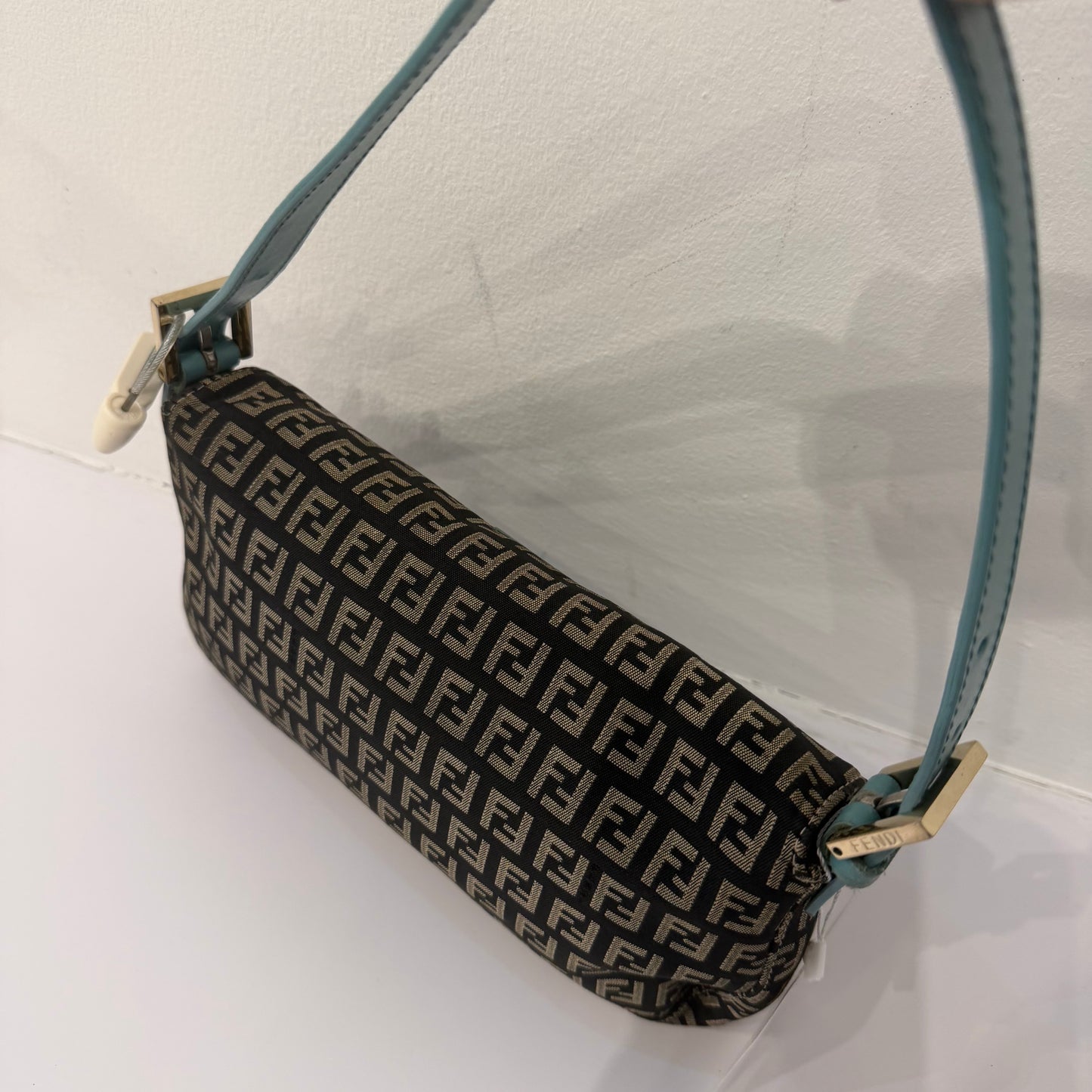 Fendi Black Zucchino Canvas & Teal Leather Baguette Shoulder Bag