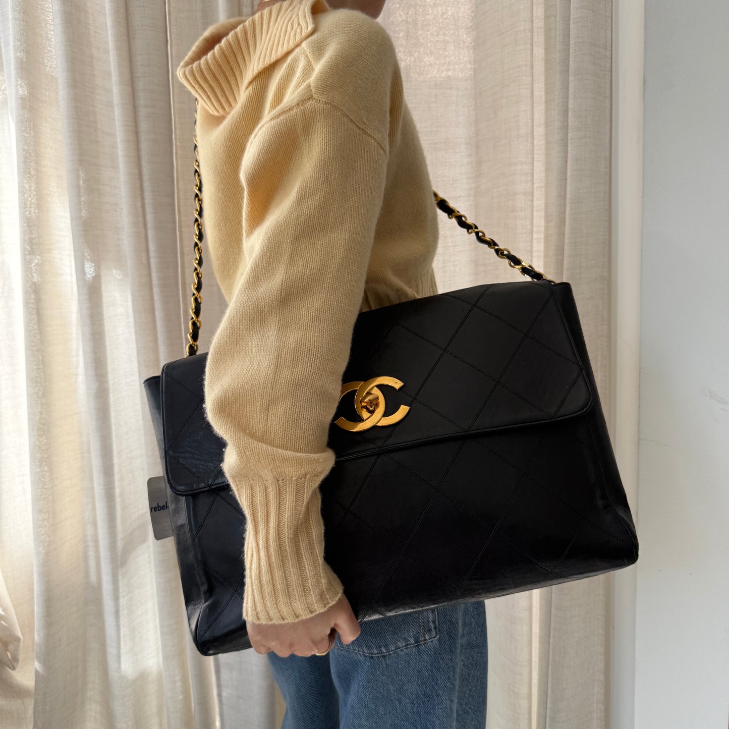 Chanel Black Lambskin Jumbo Hardware Turnlock Flap Bag