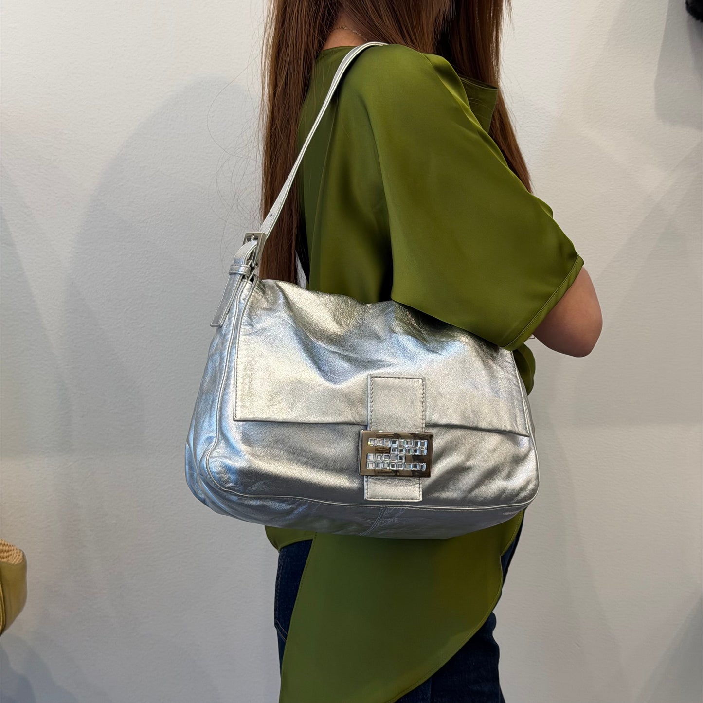 Fendi Silver Metallic Leather Mamma Baguette Shoulder Bag