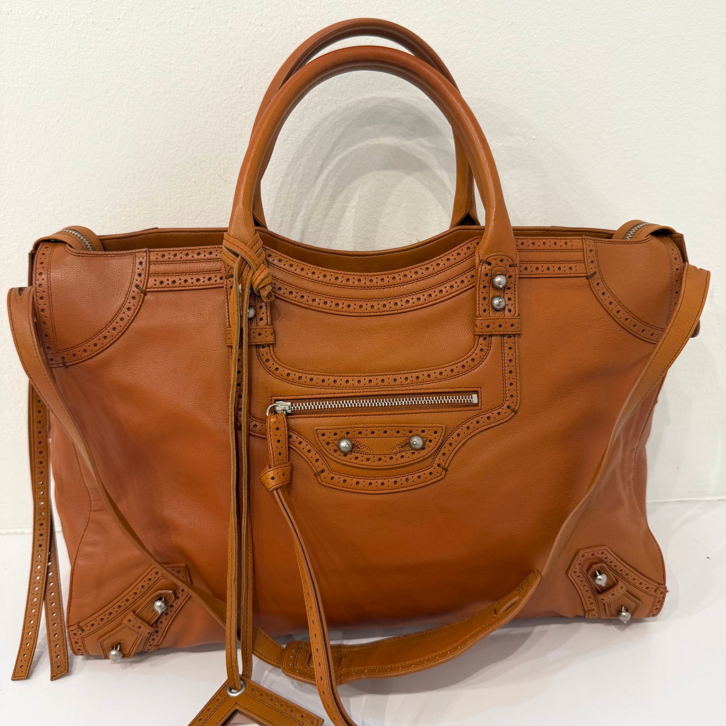 Balenciaga Ltd Edition Congac Lambskin Leather Riva Brogue Trim City Bag
