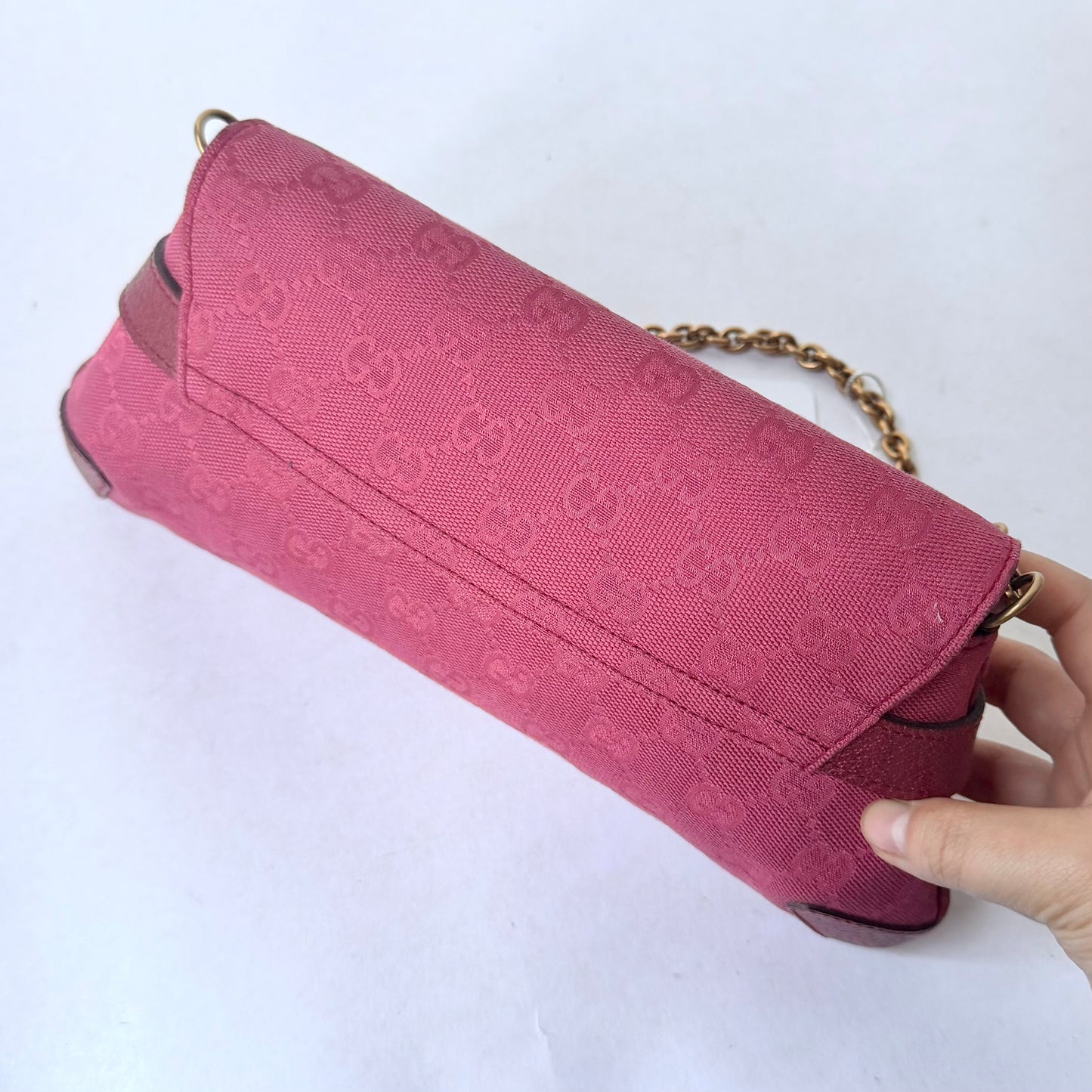 Gucci 2004 Fuchsia Canvas Monogram Tom Ford Horsebit Chain Clutch