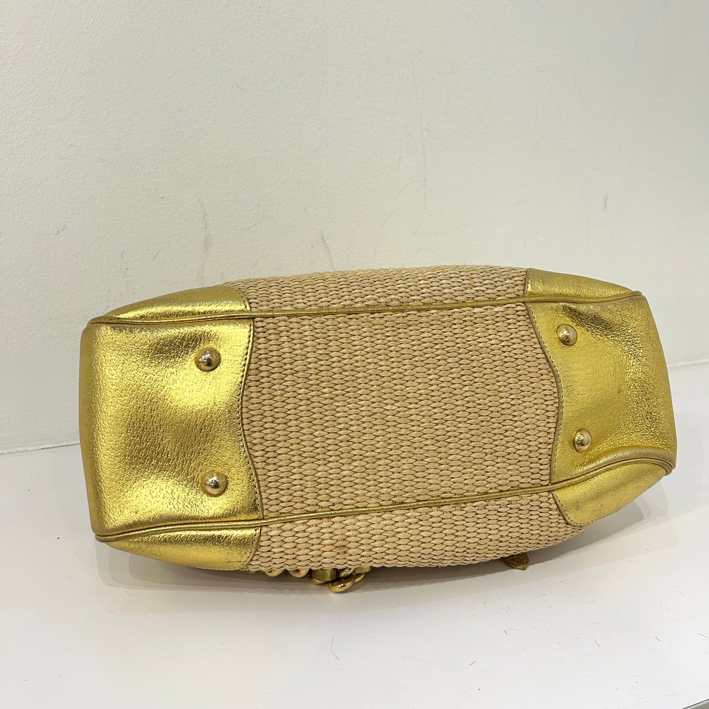Prada Gold & Beige Raffia Chain Shoulder Bag