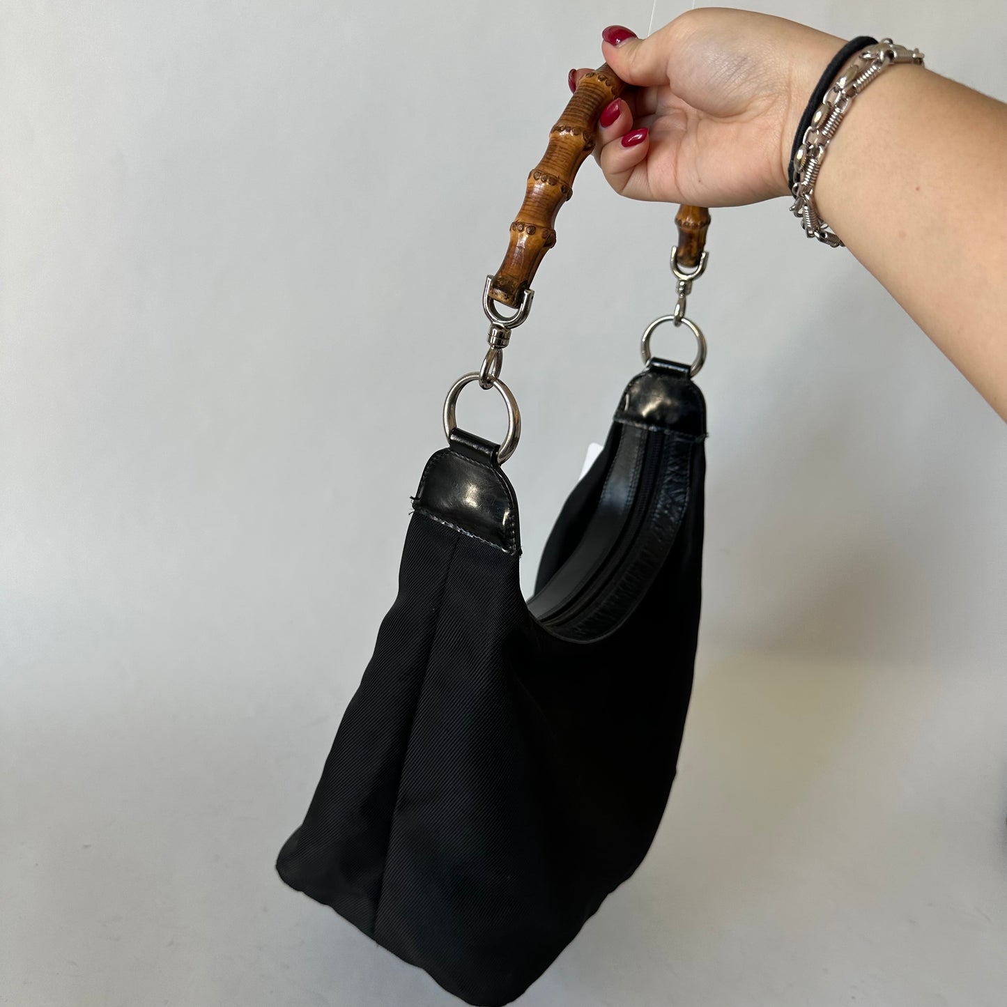 Gucci Black Nylon Bamboo Tote