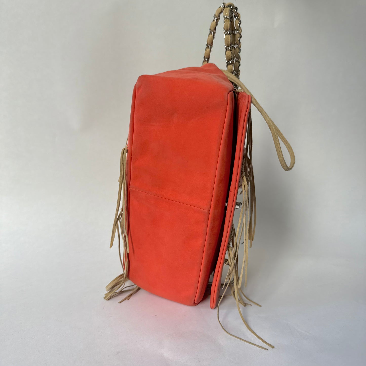 Chanel Orange Suede Perforated Fringe Flap Shoulder Bag