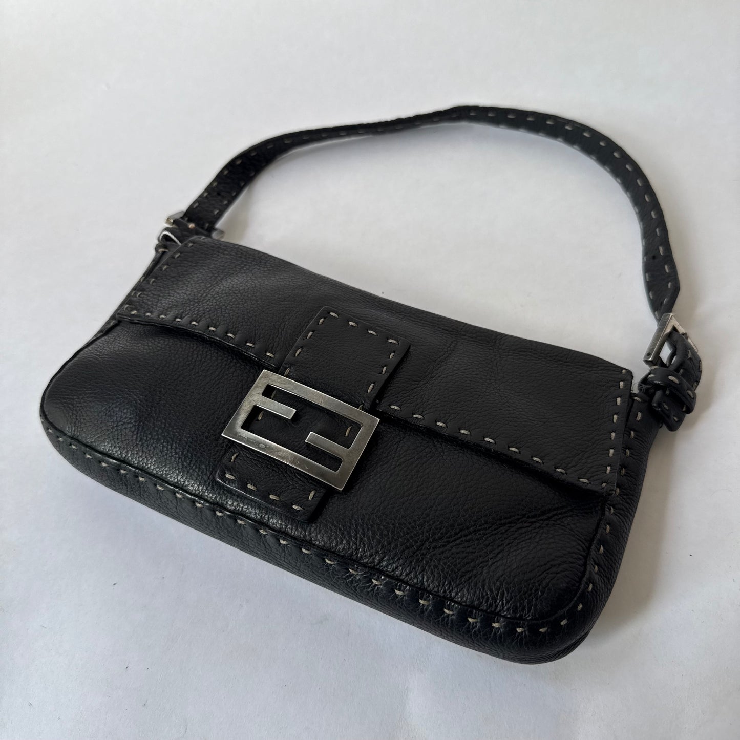 Fendi Black Selleria Leather Stitched Baguette Shoulder Bag