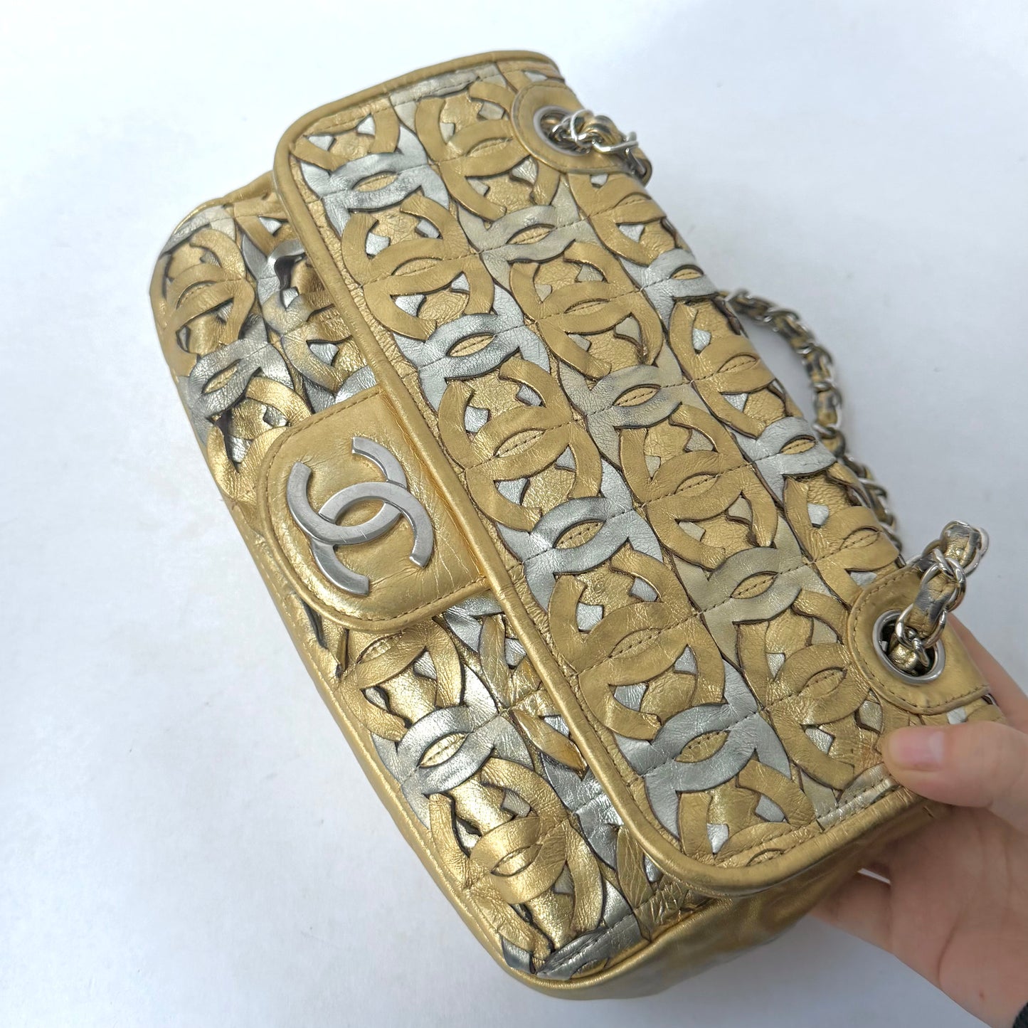 RARE Chanel Gold Metallic CC Cutout Lambskin Medium Flap