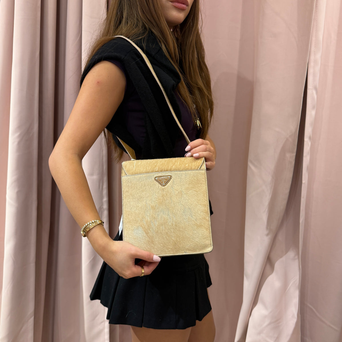 Prada Brown Ponyhair Buckle Front Shoulder Bag