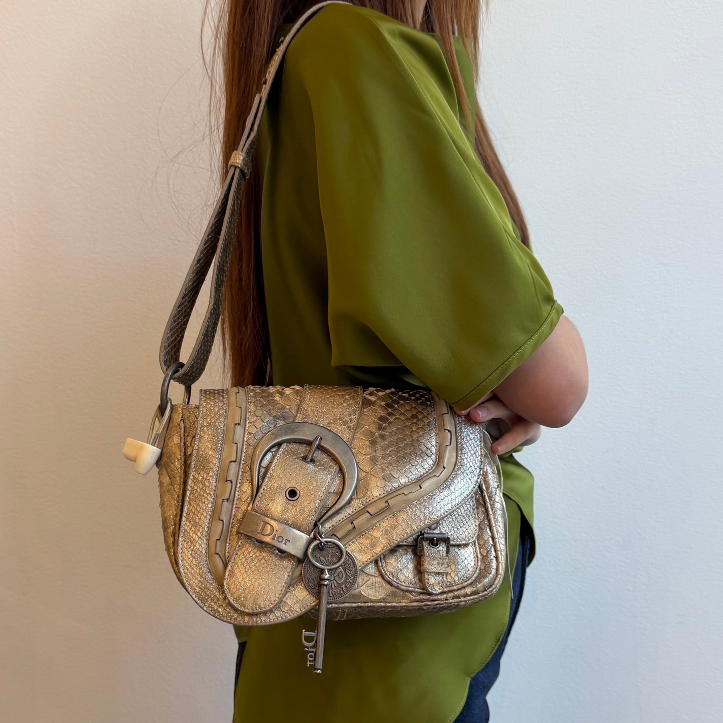 RARE Christian Dior Beige Shimmer Python Leather Mini Gaucho Saddle Bag