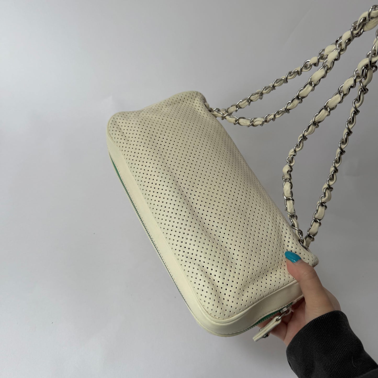 Chanel White Perforated Green Bottom Zipper Flap Bag
