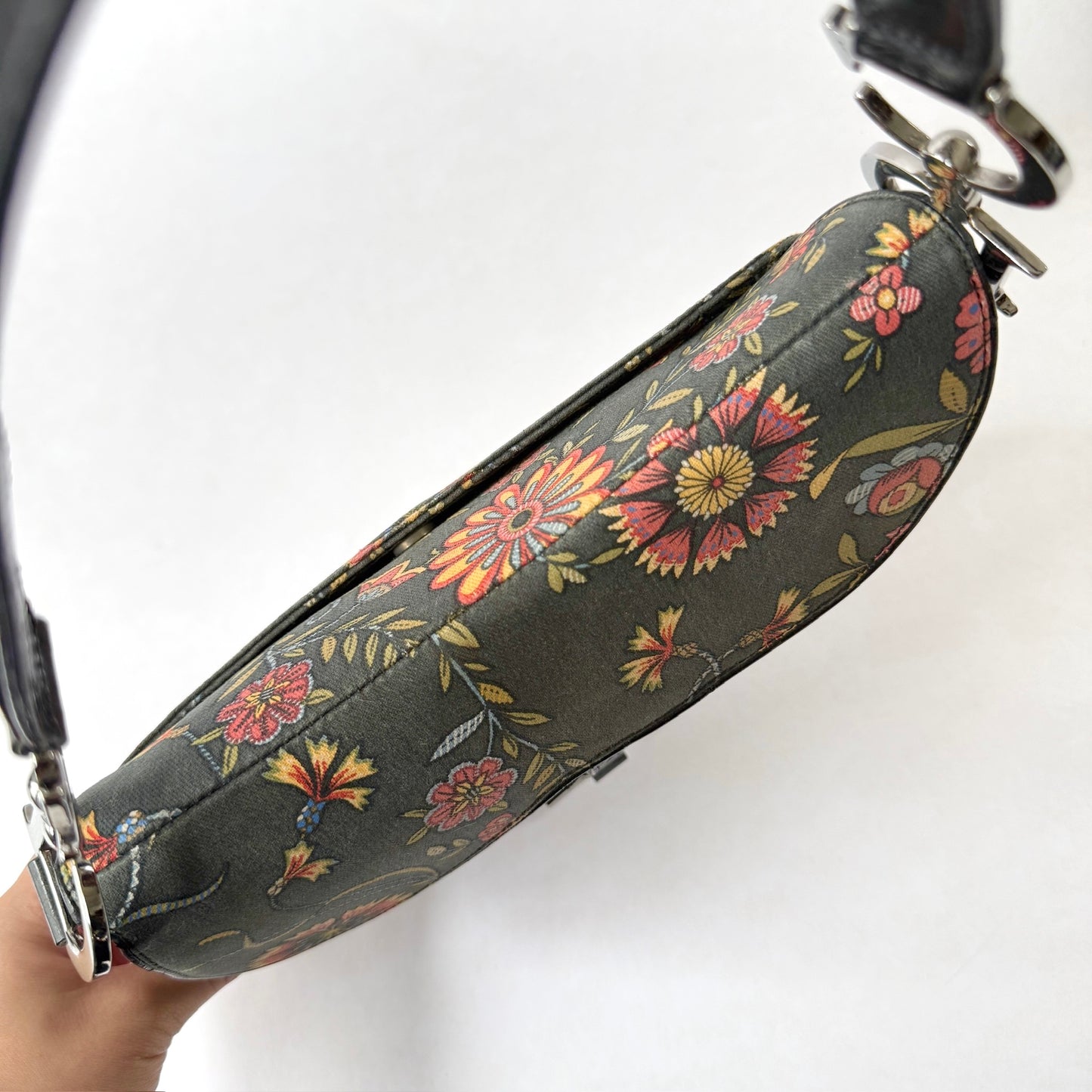Christian Dior Black Canvas Floral Saddle Bag