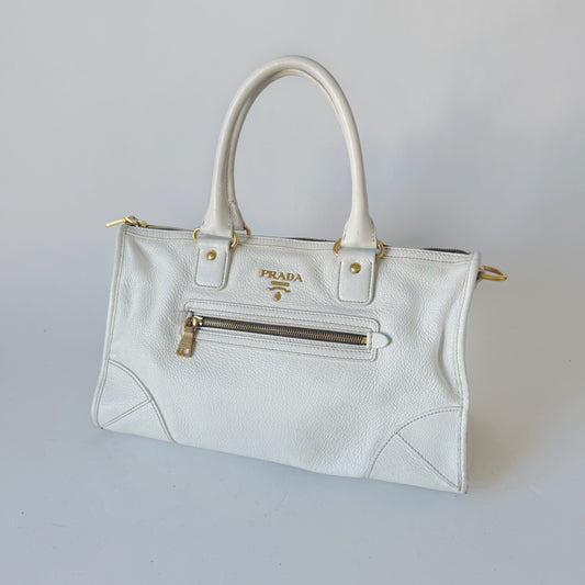 Prada White Vitello Daino Pebbled Leather Tote Bag