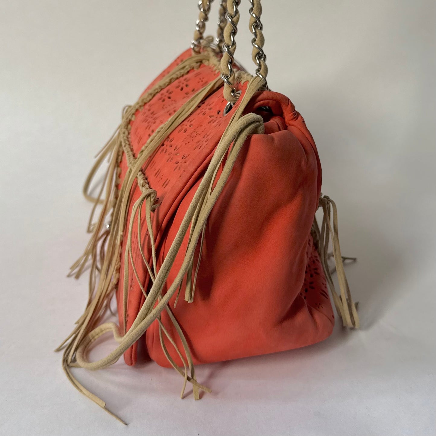 Chanel Orange Suede Perforated Fringe Flap Shoulder Bag