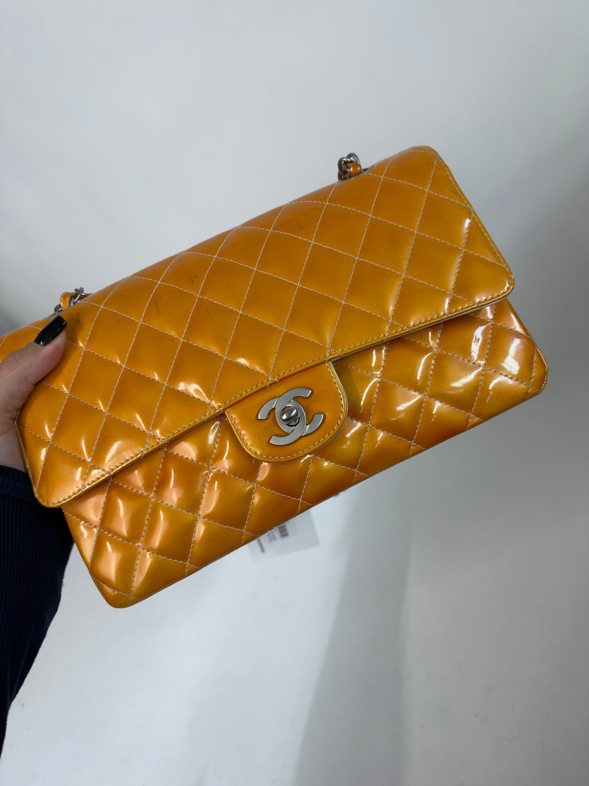 Chanel Orange Patent Leather Quilted Matelasse Double Flap Shoulder Bag