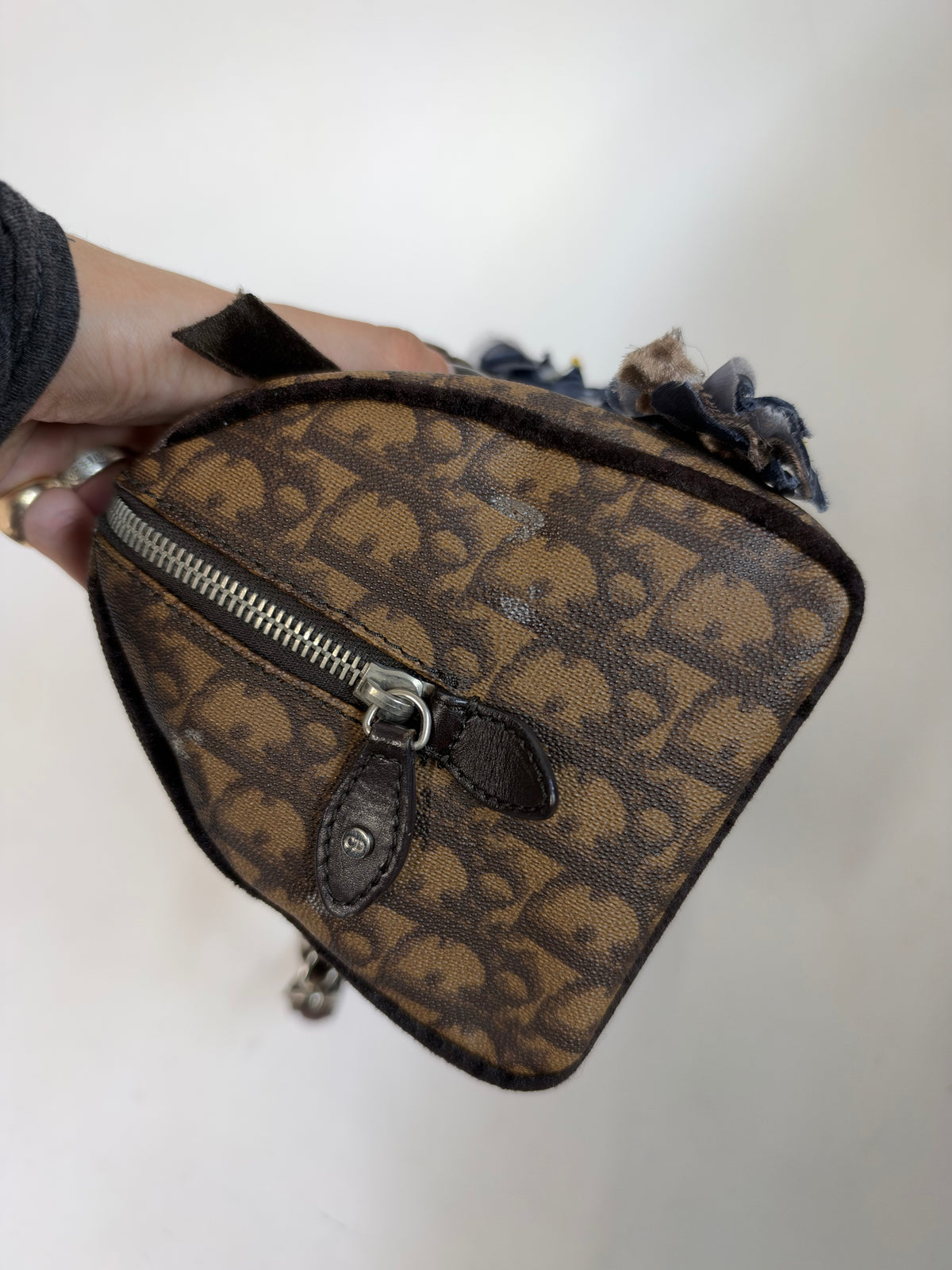 Christian Dior Brown Coated Canvas Trotter Monogram Romantique Boston Bag