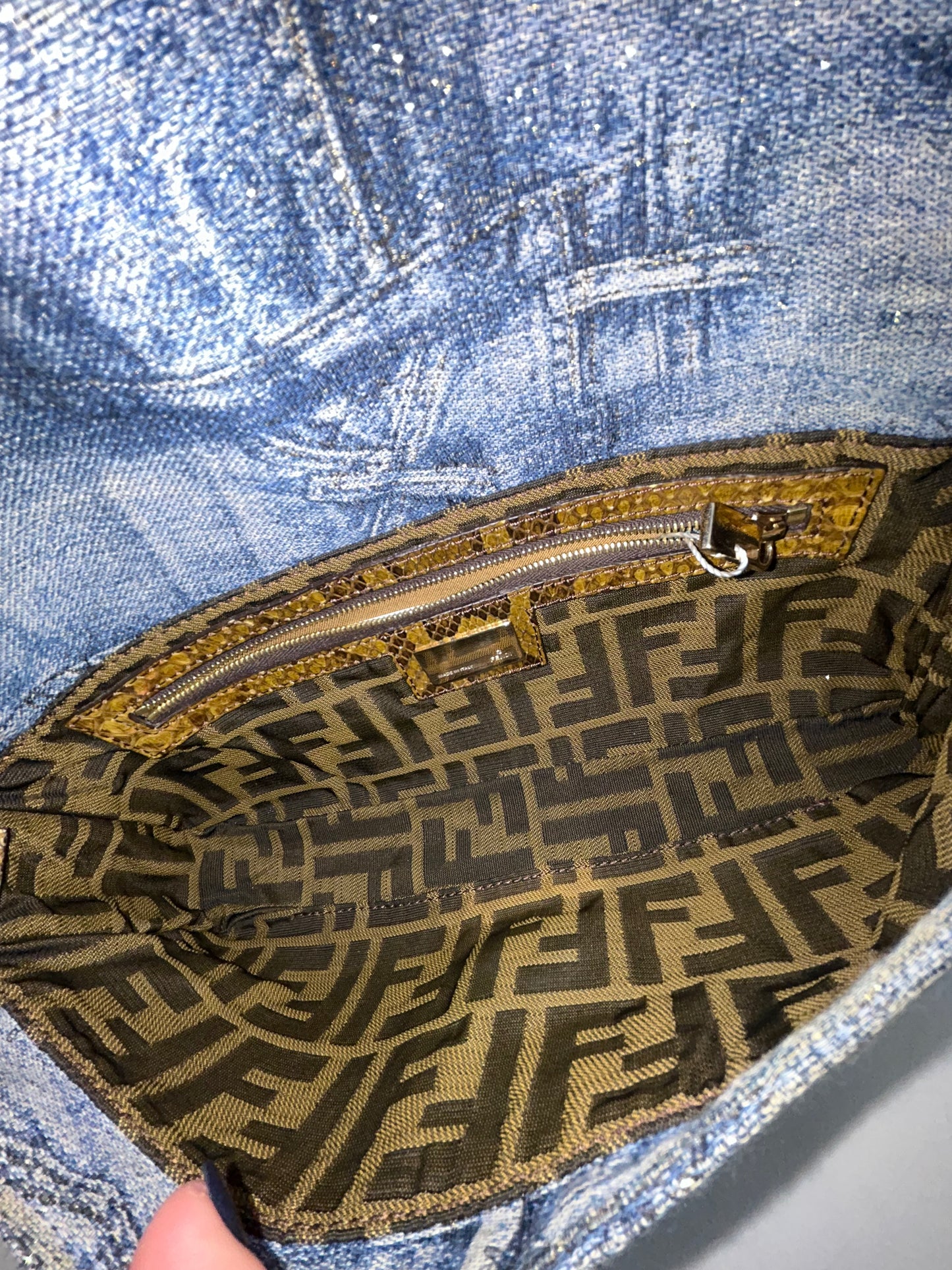 RARE Fendi Denim Metallic Print Python Trim Stone Hardware Baguette Shoulder Bag