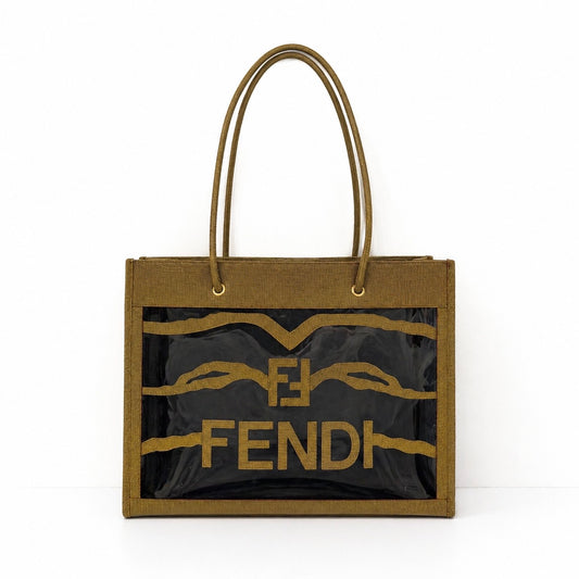 Fendi Mesh & Brown Coated Leather Tote Bag