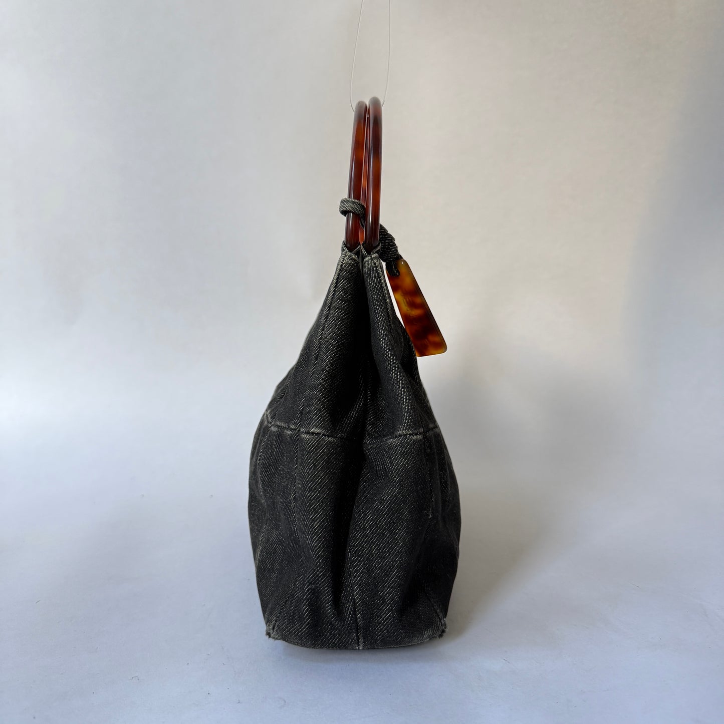 Chanel Black Denim Pleated Tortoise Shell Handle Tote Bag