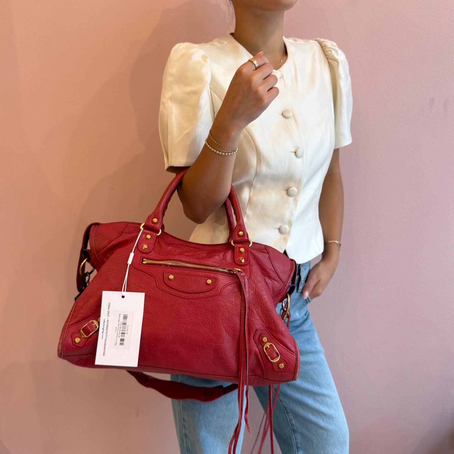 Balenciaga Red Pink Leather City Bag GHW