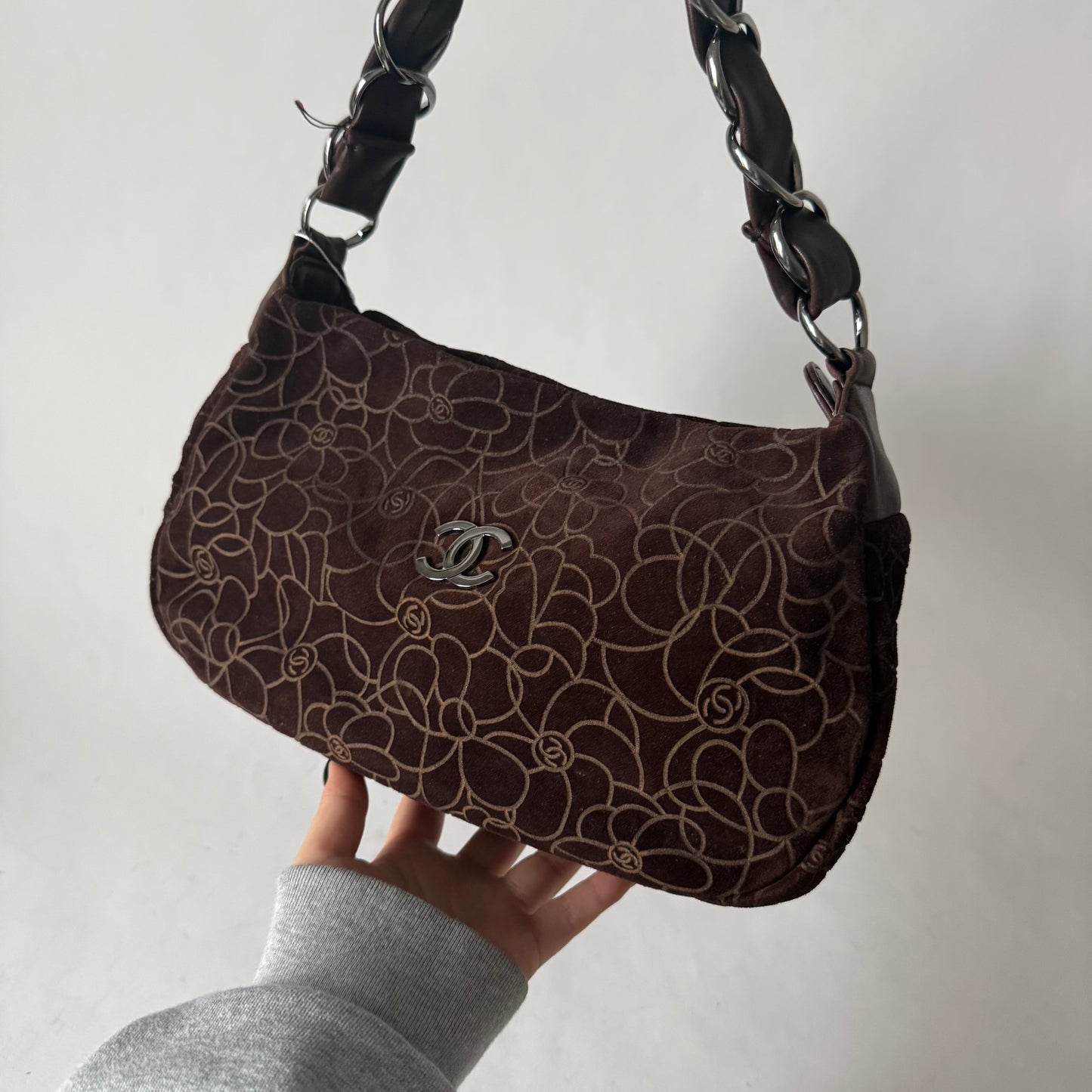 Chanel Brown Suede Cocomark Camellia Floral Bag