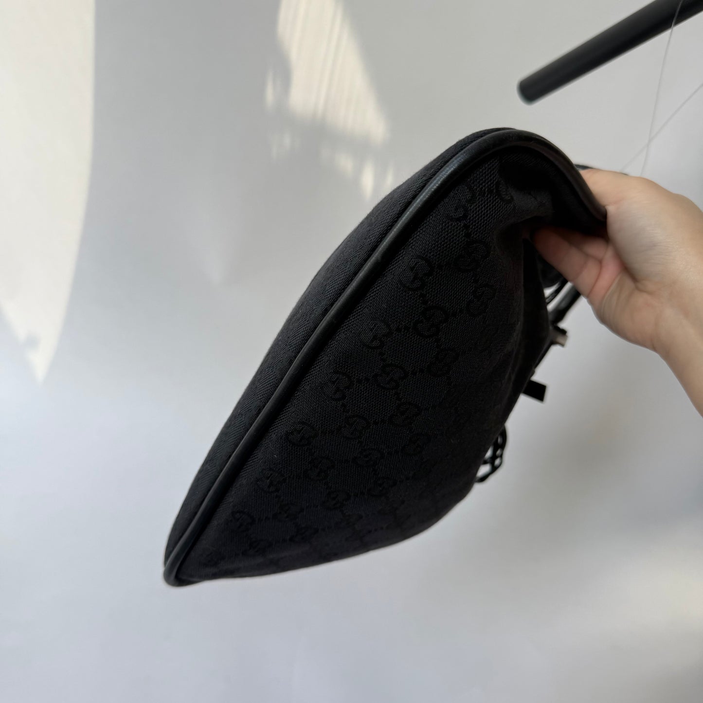 Gucci Black Monogram Bamboo Handle Tote Bag