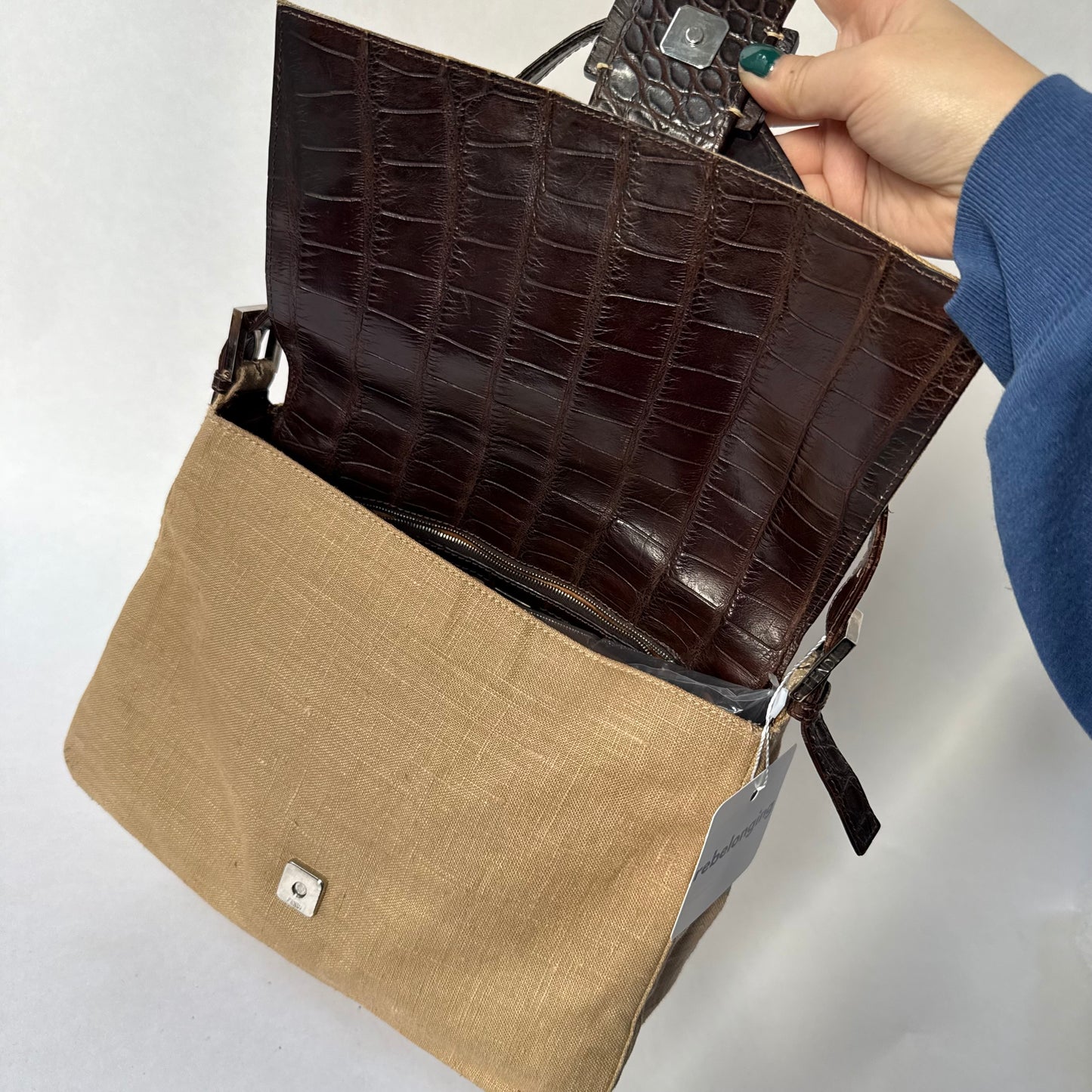 Fendi Brown Crocodile Leather Rafia Linen Mamma Baguette