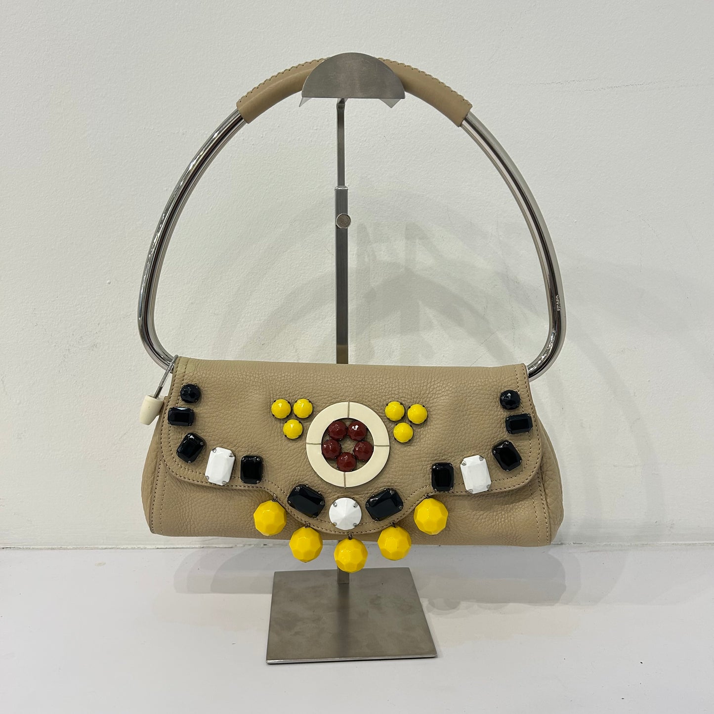 Prada Beige Multicolored Leather Beaded Jewel Metal Handle Shoulder Bag