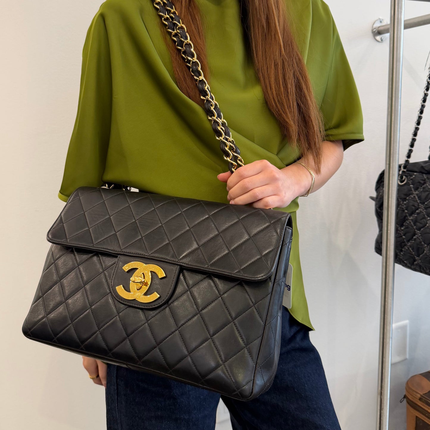 Chanel 24KGP Black Lambskin Leather Matelasse Jumbo Bag