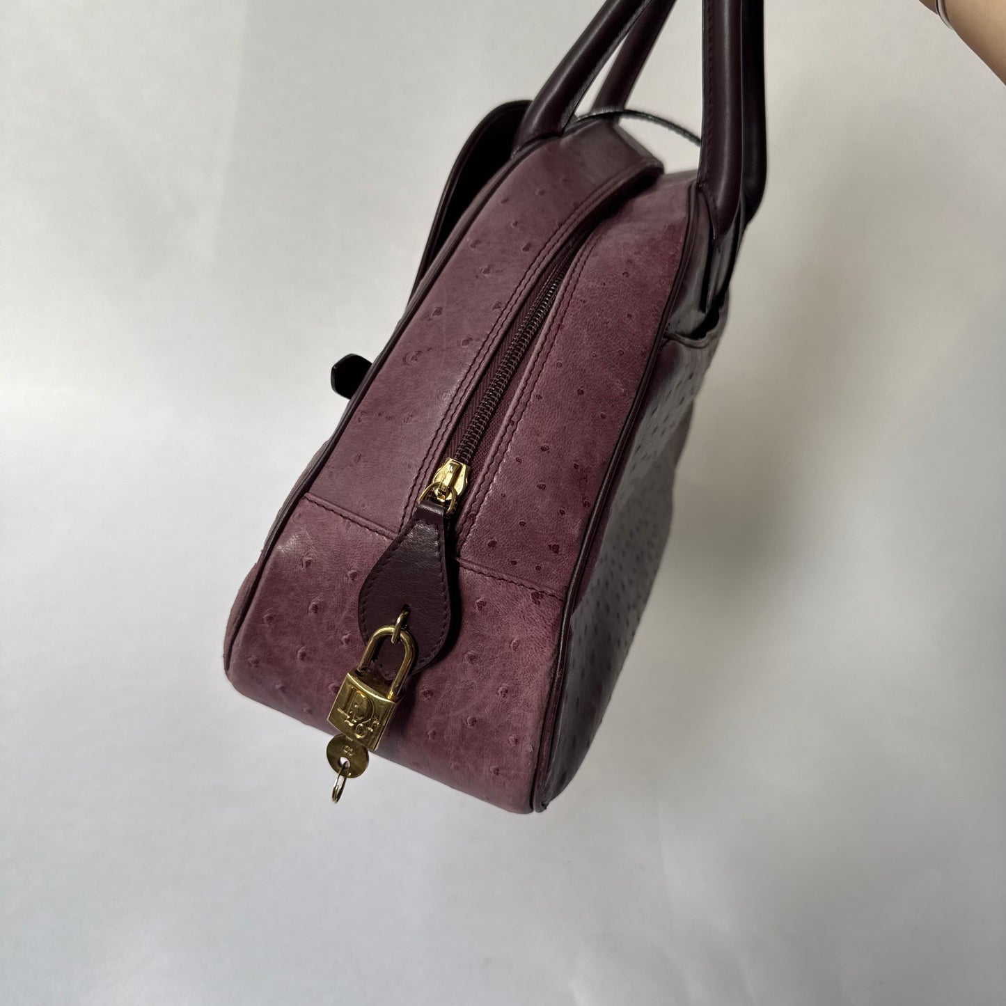 Christian Dior Large Purple Ostrich Double Saddle Bowler Bag