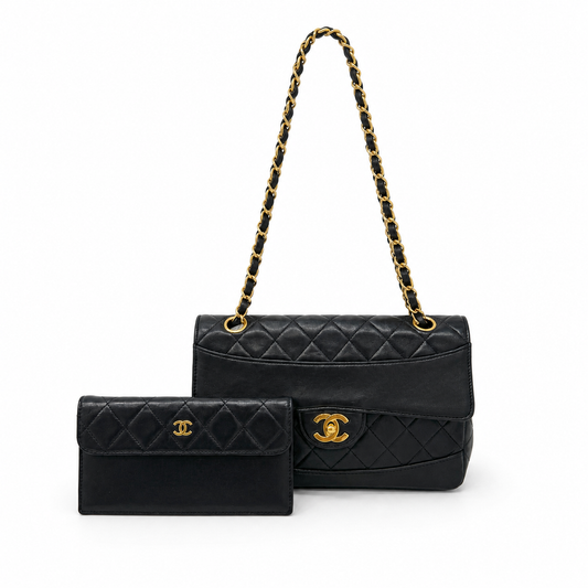 Chanel 1989 Navy Black Lambskin Leather Double Chain Matelasse Diana Flap Bag w/ Wallet