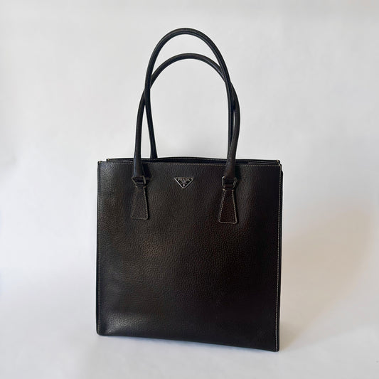 Prada Dark Brown Pebbled Leather Work Tote Bag