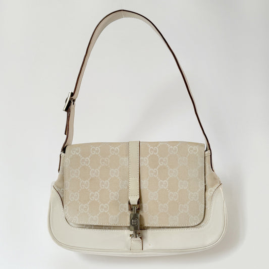Gucci White Monogram Jackie Bardot Flap Shoulder Bag