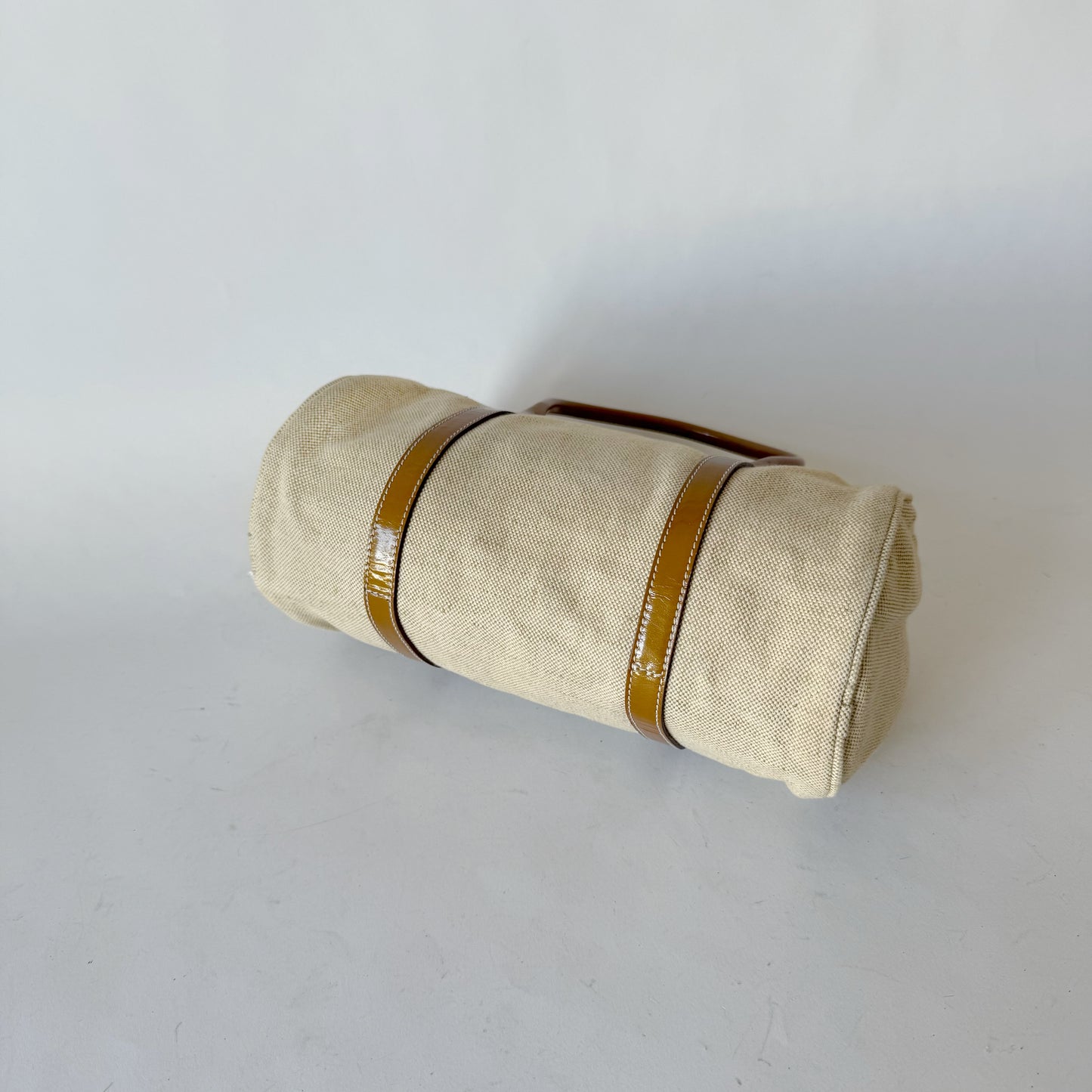 Prada Beige Canvas & Patent Leather Barrel Bag