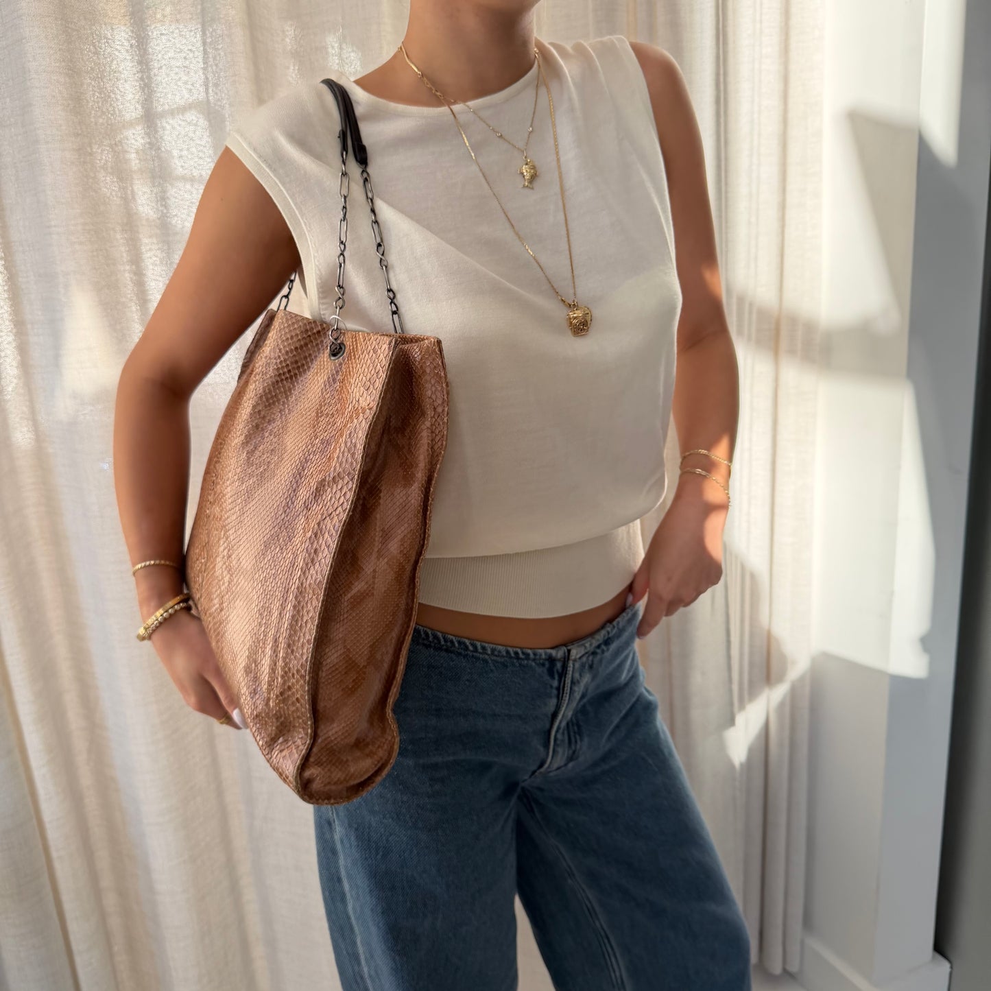 Prada Brown Multicolored Snakeskin Leather Chain Shoulder Bag