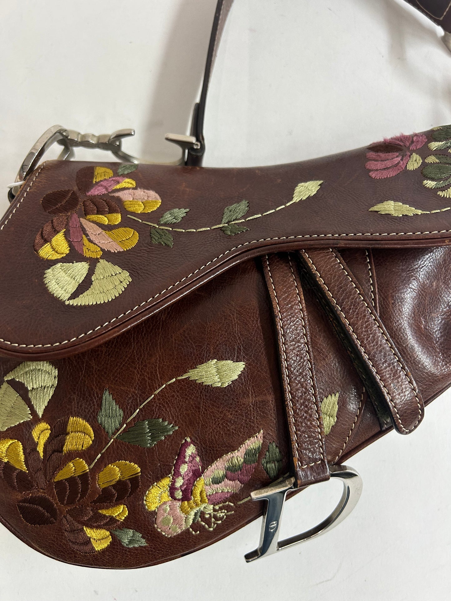 RARE Christian Dior Brown Leather Floral Embroidered Saddle Bag