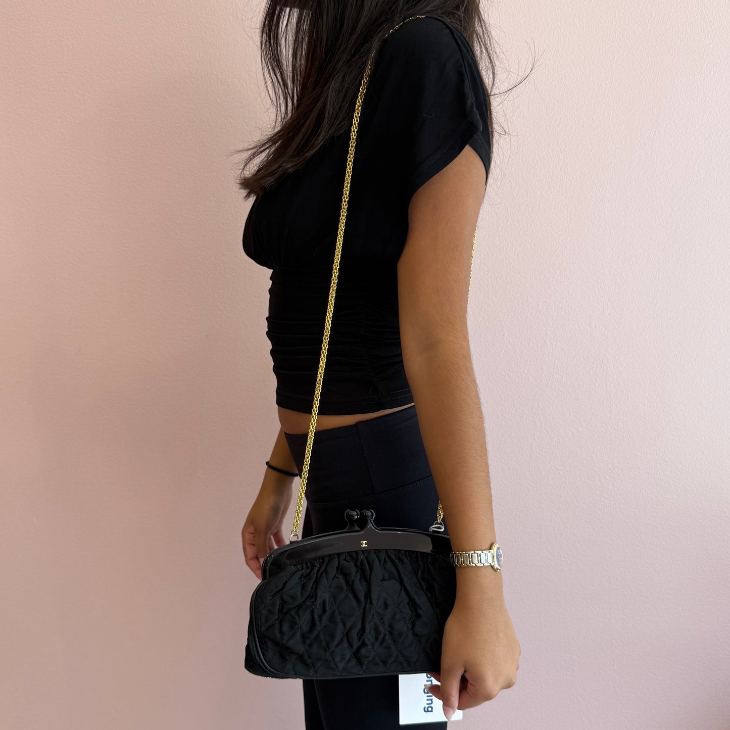 Chanel Black Nylon Quilted Kiss Lock Chain Shoulder Bag GHW