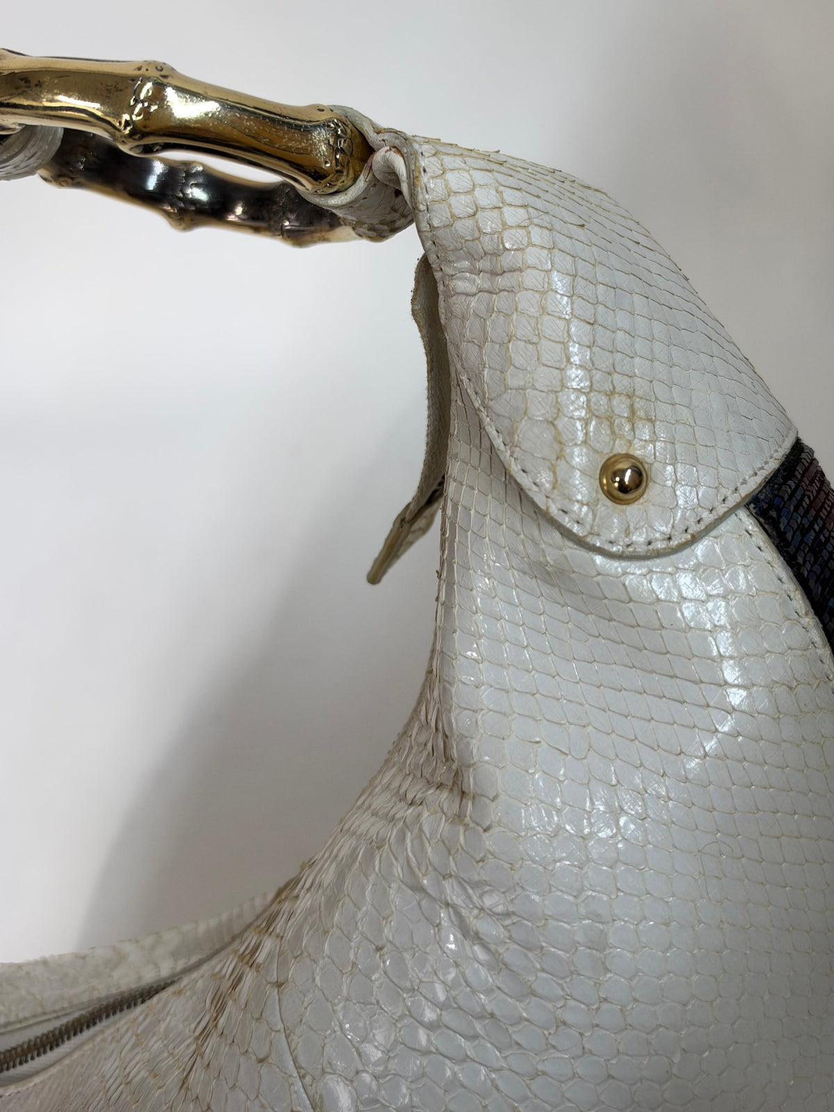 RARE Gucci White Python & Beaded Web Trim Bamboo Hardware Shoulder Bag