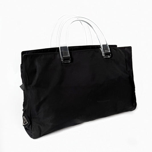 Prada Black Nylon Long Tote w/ Acrylic Handle